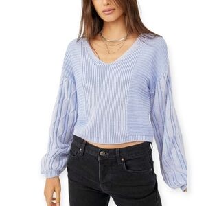 Free People When It Rains V-Neck Cable Knit Crop Sweater Balloon Sleeves Blue XS
